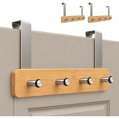 Set 3 Appendiabiti da Porta in Bambù con 4 Ganci da 33x18,5 cm, Senza Forare - Attaccapanni Salvaspazio per Giacche, Borse, Asciugamani e Accessori (1/5)