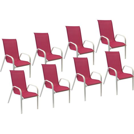 HAPPY GARDEN - Lot de 8 chaises MARBELLA en textilène rose - aluminium blanc