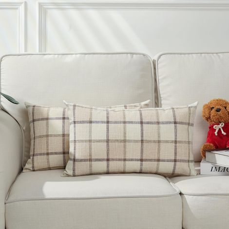 Lot de 2 housses de coussin lombaire en lin à carreaux, style ferme d'automne, décoration d'intérieur rétro rustique pour lit, canapé, banc, 50 x 30 cm, beige