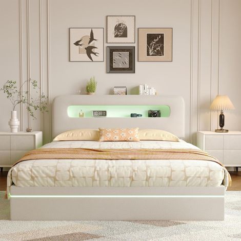 Letto matrimoniale 160x200 cm in velluto, 2 piazze, con illuminazione LED, vano contenitore e rete a doghe in legno - beige