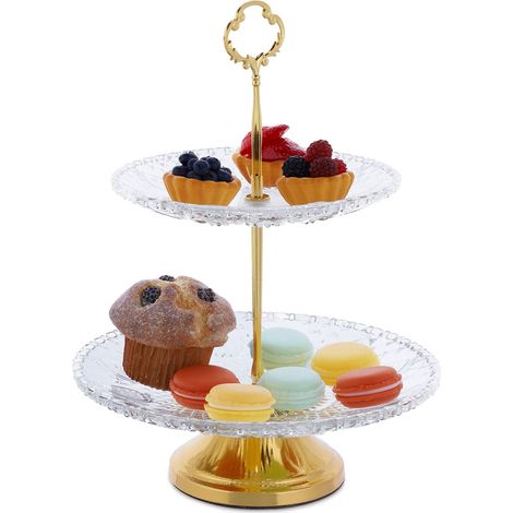 Présentoir à gâteaux, Verre et Fer, H x D : 30 x 23 cm, Plat de Service, 2 étages, Transparent/doré (1/5)