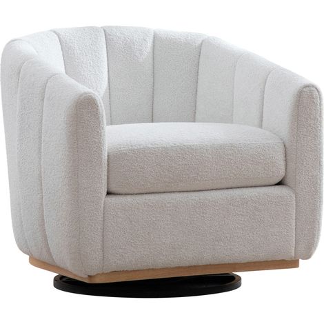 Fauteuil pivotant en chenille avec base métallique ronde et design citrouille, fauteuil club rembourré ivoire pour salon et chambre (1/5)