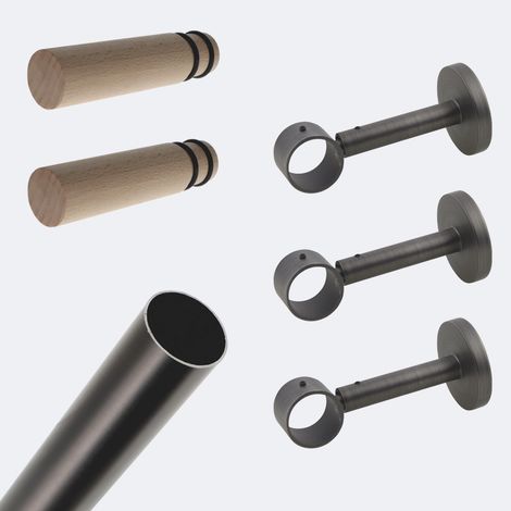 Kit de tringle à rideaux Carbone 250cm Diam.28mm Embout Cylindre Bois - Fixation Mur - Boulet (1/3)