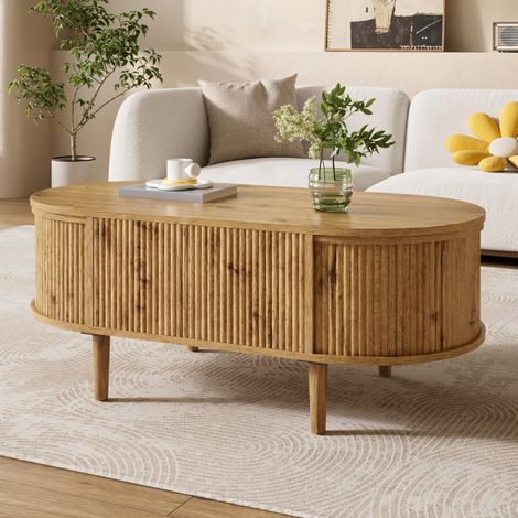 Mesa de centro ovalada 100x48x54,5 cm con altura regulable y compartimento de almacenaje, estructura de MDF color roble, para salón (1/5)
