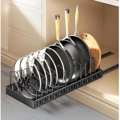 Rangement Poele et Casserole, Range Couvercle avec 12 Compartiments Réglables, Porte-casseroles Support Extensible, Rangement Couvercle Casserole pour Tiroir Cuisine, Noir (1/5)