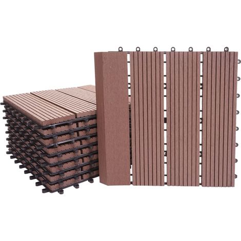 Carreau de sol WPC Rhône + bordure, aspect bois, 11x chaque 30x30cm - 1m² Premium - café linéaire vertical (1/5)