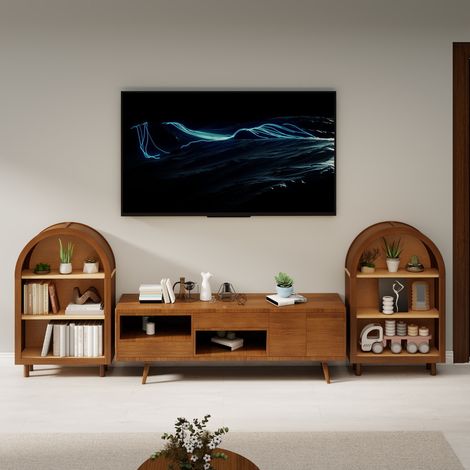 Bibliothèque incurvée 60x24x95cm, étagère ouverte à 3 tablettes, pieds bois massif noyer, étagère décorative vintage pour salon, bureau (1/5)