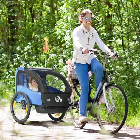 Remorque Vélo Enfants Système Amortisseur Ceinture Sécurité Sport Entraînement +18 mois Bleu