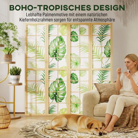 Panneau de séparation 4 pièces, pliable, motif bohème tropical, paravent autoportant, cadre en bois, vert (1/4)
