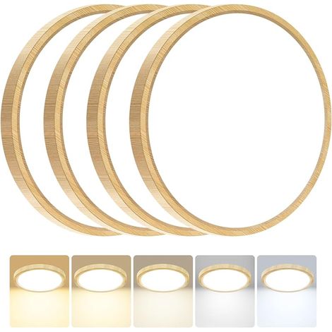Lot de 4 Plafonnier LED, 24W 2800LM Luminaire Plafonnier Salle de Bain, IP54 Etanche & 5 Couleurs(3000K/3500K/4000K/5000K/6500K), Lampe Plafond Rond pour Cuisine, Chambre,Ø30CM Bois (1/5)