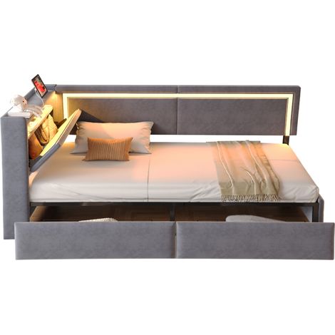 CHICFURN Sofá cama tapizado 90x200 cm de terciopelo gris oscuro con LED, USB, cabecero con almacenaje y cajones, ideal para dormitorio y espacios pequeños (1/5)