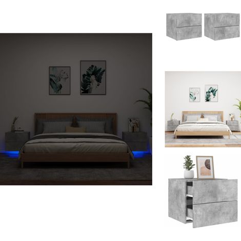Tables de chevet murales avec lumières LED 2 pcs gris béton - Tablette De Nuit Murale - Meuble Mural - Éclairage Led - Rangement Mural - Luminaire Moderne (1/5)
