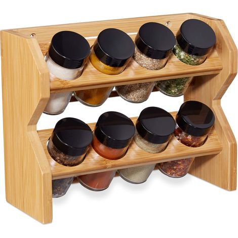 Étagère à épices bambou, 8 pots verre, Présentoir à épices, organiseur 2 étages, rangement, nature (1/5)