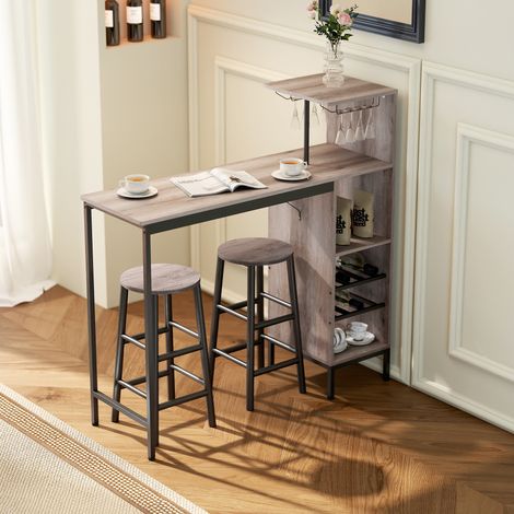 3 pièces. Ensemble de table bar avec rangement, portants à vin, porte-verres, reposepieds avec repose-pieds, pour petits espaces, gris