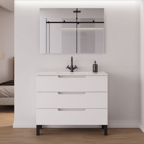 Meuble de salle de bain 100cm simple vasque - 3 tiroirs - blanc mat - RIZA (1/5)