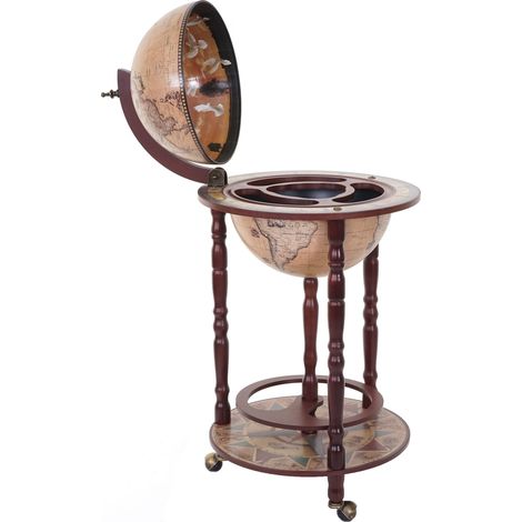 [NON UTILIZZATO] Mini bar portabottiglie carrello con ruote mappamondo HHG-522 marrone