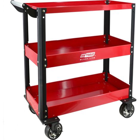 Carro de taller metalizado AWTOOLS 3 niveles, capacidad de carga 100kg, ideal para organización de herramientas, diseño robusto, compacto, con gran capacidad y movilidad.