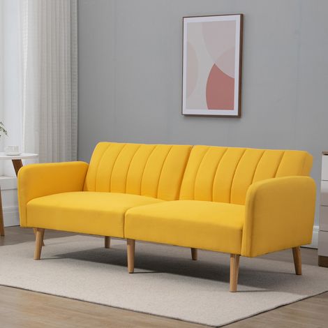 HOMCOM Modernes 2-Sitzer-Schlafsofa 173 x 75 x 73 cm, Klappsofa mit Bezug aus synthetischem Leinen, 3-fach verstellbarer Rückenlehne und abnehmbaren Armlehnen, für Wohnzimmer und Büro, Gelb