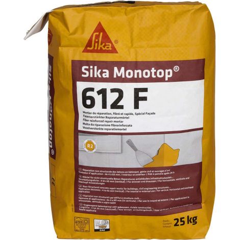 Mortier de réparation fibré Sikamonotop 612F – Sac de 25 kg – Prise rapide pour épaufrures béton – Température d'application 5 à 30°C