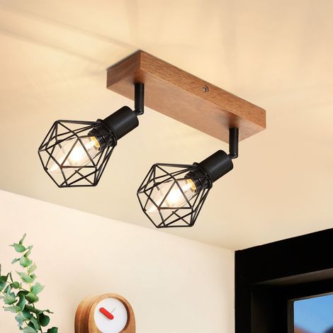 Plafonnier-GBLY 2 spots de plafond en bois et métal,20×9×17cm,350°orientable ,E14 MAX.25W Pour salon chambre salle à manger Bar Café Noir,sans ampoule