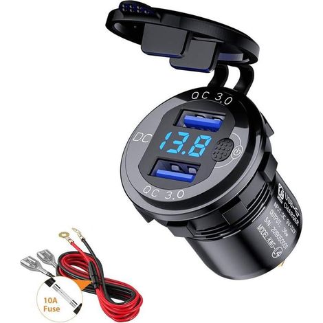 Quick Charge QC 3.0 USB Car Charger Waterproof Dual Port Adapter 36W Fast Charging with LED Digital Voltmeter for 9V - 32V Boat Motorcycle ATV Bus Truck SUV (Black) (1/5)