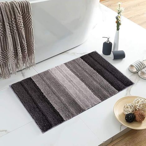 Tapis de bain en microfibre, paillasson doux et antidérapant, élégant tapis de bain à rayures duveteuses pour salle de bain 50x80cm - (Gris dégradé) (1/5)