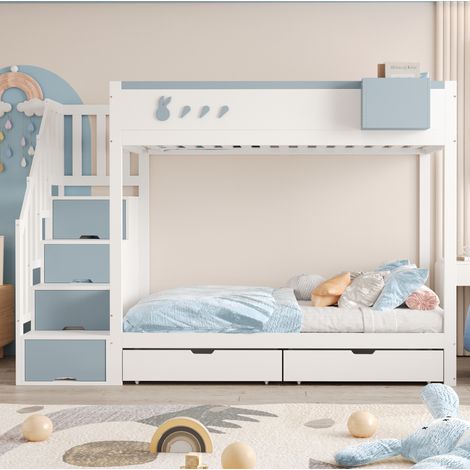 Letto a castello bambini 90x200 cm con scala contenitore, vano portaoggetti, 2 cassetti e rete a doghe, senza materasso, bianco e blu (1/5)