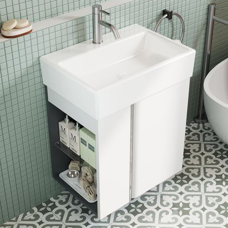 Meuble De Salle De Bain 50 cm avec Vasque en Céramique pour WC Invités, Meuble Compact pour Petits Espaces, Blanc Mat (1/5)