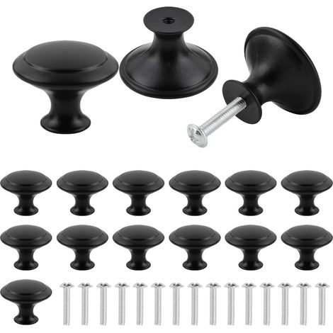 16 pomos negros mate para cajones de puertas, pomos negros para gabinetes, pomos redondos negros de 30 mm para muebles, tiradores redondos negros para cocina con tornillos para muebles, cajones, gabin (1/5)