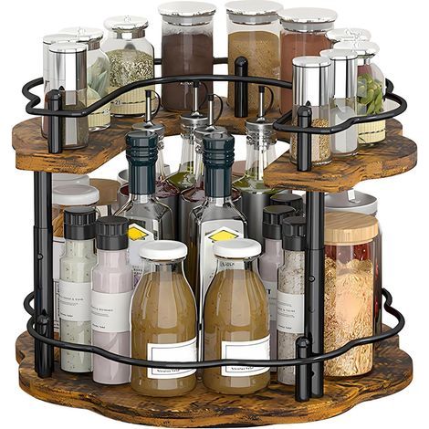 Étagère à épices, plateau tournant en bois à 2 niveaux, étagère à épices, étagère à épices, étagère à épices, plateau tournant Lazy Susan, organiseur de cuisine, armoire de cuisine, 3 niveaux (1/5)