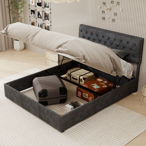 Lit coffre 160x200 cm Tête rembourrée élégante velours et bois grand rangement Gris (Sans matelas)