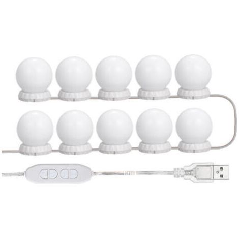 Kit D'Eclairage Miroir Led Pour Coiffeuse, Avec 10 Ampoules Reglables, 10 Luminosite Et 3 Modes D'Eclairage, Type Usb, Blanc - Blanc- (1/4)
