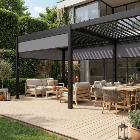 Pergola bioclimatique en aluminium. lames orientables 3x6m + 4 stores 3m TRIOMPHE anthracite