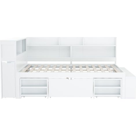 Cama infantil multifuncional 140 x 190 cm con cajones y estantes, somier de láminas, blanca (1/5)