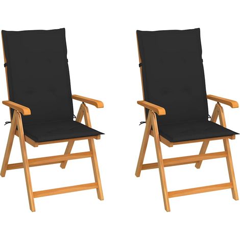 Chaises de jardin lot de 2 et coussins noir Bois de teck massif (1/5)