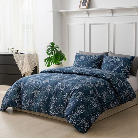 Parure de lit 135x200 cm microfibre motif floral bleu, linge de lit réversible