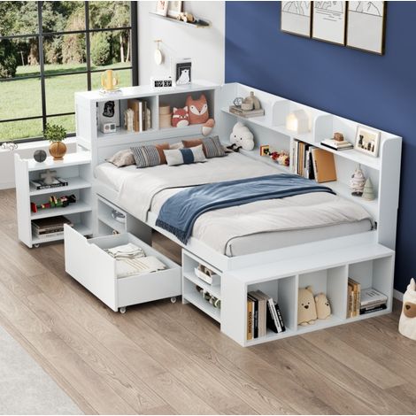 Kinderbett multifunktional 90x200 cm aus Sperrholz in Weiß mit Schubladen, Bücherregal und Stauraum (1/5)