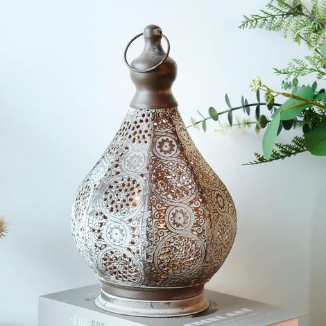 Moroccan Bedside Table Lamp, 29.5 cm, Electric Lantern, Vintage, Moroccan Oriental Lampshade for Courtyard, Garden, Interior, Outdoor, Bedroom, Living Room, Home (Grey) (1/5)