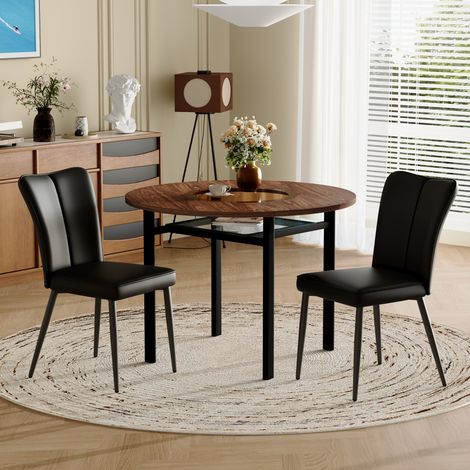 Esstisch- und Stuhl-Set Glas, Metall & PU-Leder Braun-Schwarz Ø100 cm mit Glasablage, 2 Stühle, MIVRAY