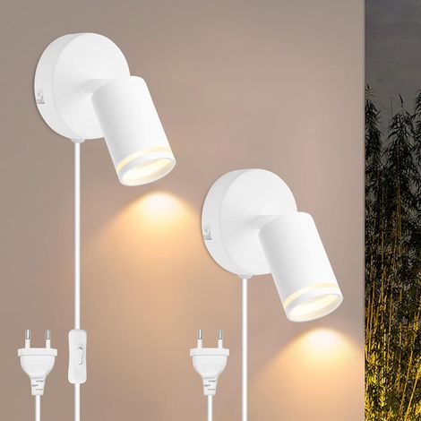 Lot de 2 Applique Murale Intérieure avec Interrupteur et Prise - Lampe Murale LED avec Câble, Applique Murale Blanc Rotative 350° Spots Muraux GU10 pour Salon Chambre Couloir, Sans Ampoule (1/5)
