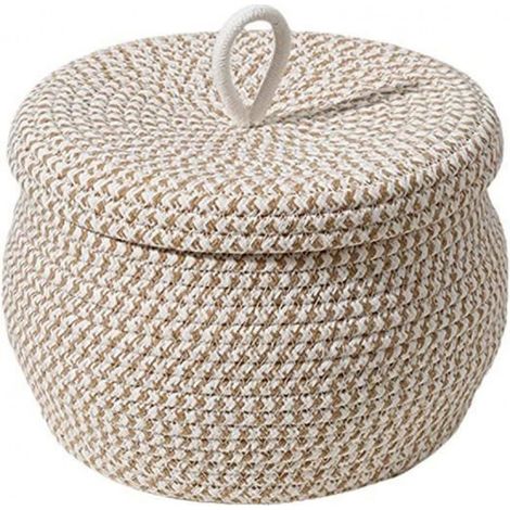 1 Boîte de rangement, Corde de coton, Couvercle, Panier rond, 21x17cm, Beige, Jouets, Salle de bain (1/3)