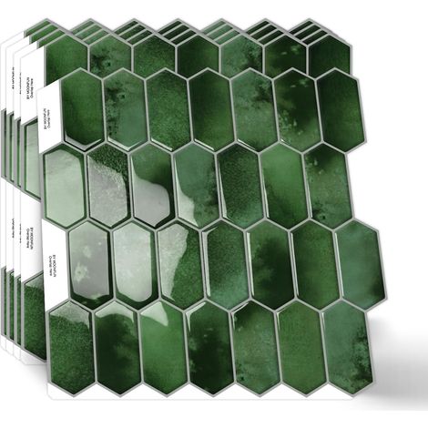 Adhesive pour Cuisine Stickers Carrelage(10-Pièces,30,5 x 30,5cm) Vert Foncé 3D hexagonaux longs Salle de Bain Adhesive, Adhesif Mural en vinyle Autocollant (1/5)