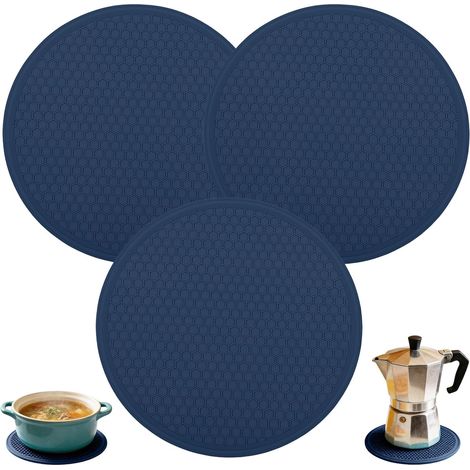 Lot de 3 dessous de plat en silicone pour plats chauds, résistants à la chaleur, pour poêles chaudes, multi-usages antidérapants pour cuisine (bleu foncé) (1/5)