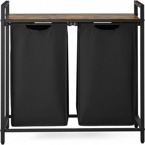 Panier à Linge, 2 x 46 L, avec Étagère, 2 Compartiments, 2 Sacs Amovibles, Cadre en Métal, Marron et Noir (1/5)