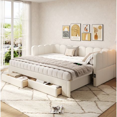 Letto estraibile 90x200 cm estensibile 180x200 cm beige in lino con 2 cassetti e porte USB-C (1/5)