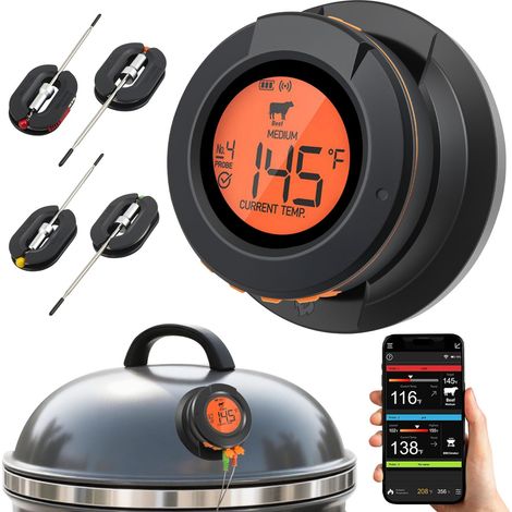Termometro per griglia Bluetooth a 4 fili - Termometro per carne wireless, sonda per cottura di bistecche e forno. Sensore di temperatura preciso per barbecue e affumicatore.
