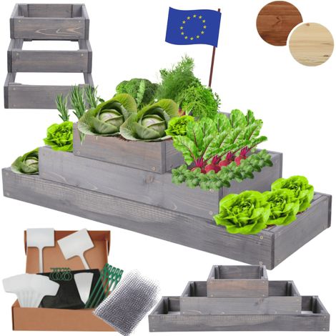 MODO24 ZP09 Carré potager surélevé en escalier modulable, bois de pin, herbes/légumes, jardin/terrasse/balcon, 27x117x30 cm, gris