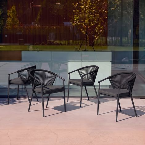 Lot de 4 fauteuils empilables acier et cordes - Liora Anthracite / Noir