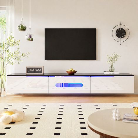 Mobile TV 180x35x30 cm in MDF e pannelli di legno nero e bianco, LED, per soggiorno FloraGrace (1/5)