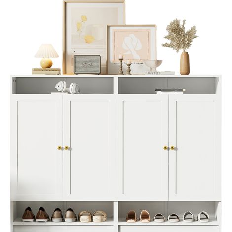 Armoire à chaussures moderne,avec étagères réglables,poignées dorées,commode à chaussures à 2 portes,blanche,W146/D34/H109 (1/5)